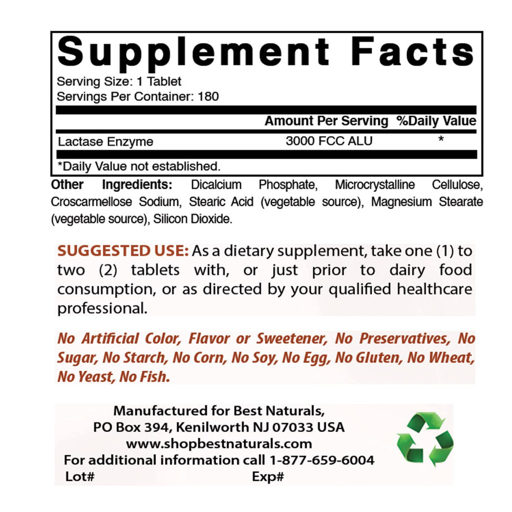 Best Naturals lactase enzyme tablets close-up, 180-count bottle for dairy-friendly meals