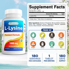 Best Naturals L-Lysine 180 tablets per bottle displayed for convenient daily use