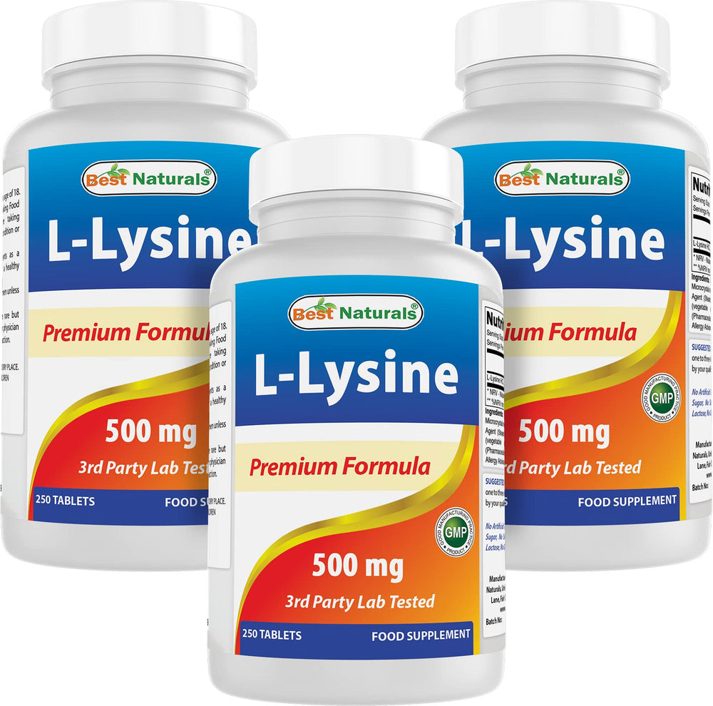 Best Naturals L-Lysine 500 mg bottle front view, non-GMO and gluten-free.