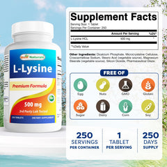 Best Naturals L-Lysine 500 mg bottle side view, 250 tablets per bottle.