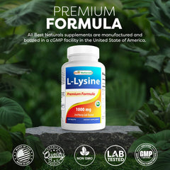 Close-up of Best Naturals Lysine label highlighting clean ingredients