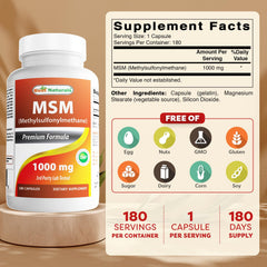 Best Naturals MSM label close-up showing non-GMO and gluten-free formulation.