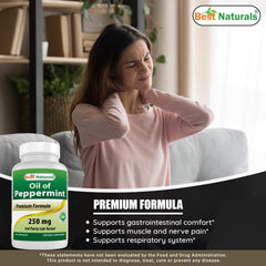 Best Naturals Peppermint Oil capsule close-up emphasizes 250 mg potency.