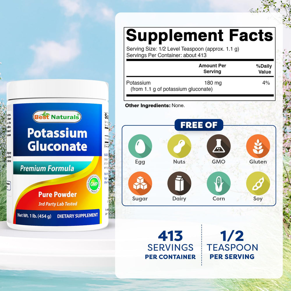 Best Naturals potassium gluconate bottle label shows purity and quality