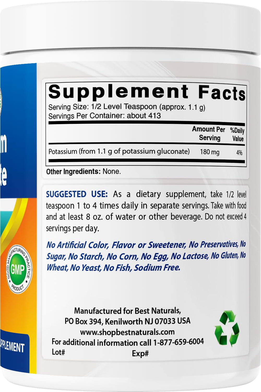 Best Naturals potassium gluconate FDA-registered facility stamp for safety