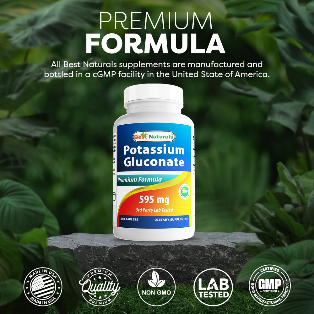 Best Naturals Potassium Gluconate bottle side label showing quality and US manufacturing