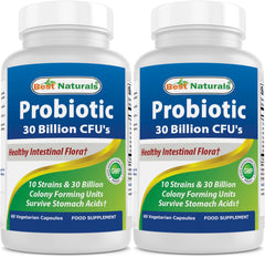 Best Naturals probiotic bottle illustrating 10 strains with 30B CFU per bottle for daily gut balance.