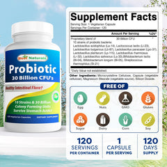 Best Naturals Probiotic 10 Strains illustration showing diverse cultures for balance