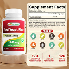 Close-up of Best Naturals Red Yeast Rice 1200 mg tablets for daily use
