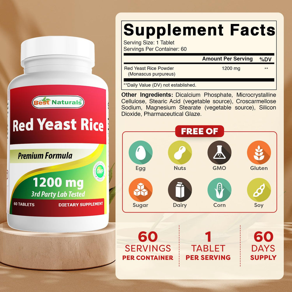 Best Naturals Red Yeast Rice cap close-up with 1200 mg dosage.