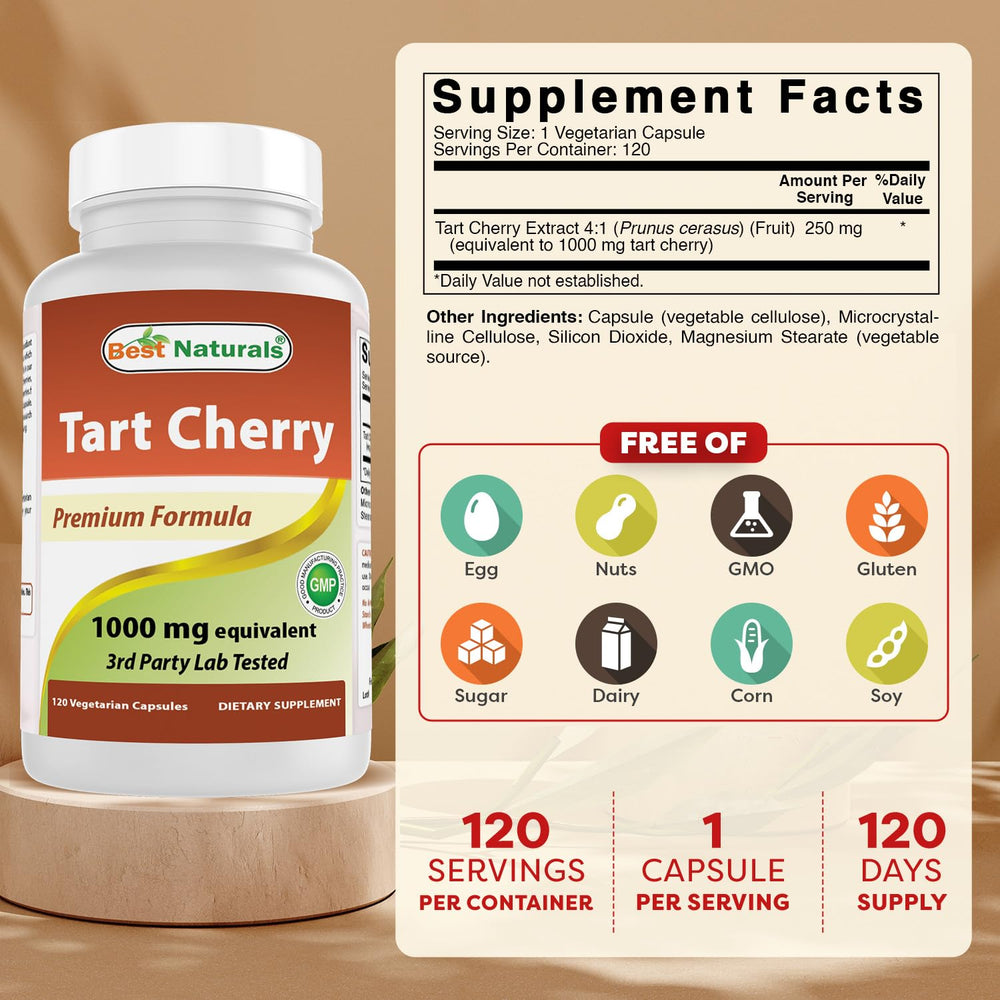Best Naturals Tart Cherry Extract capsules close-up for easy daily dosing.