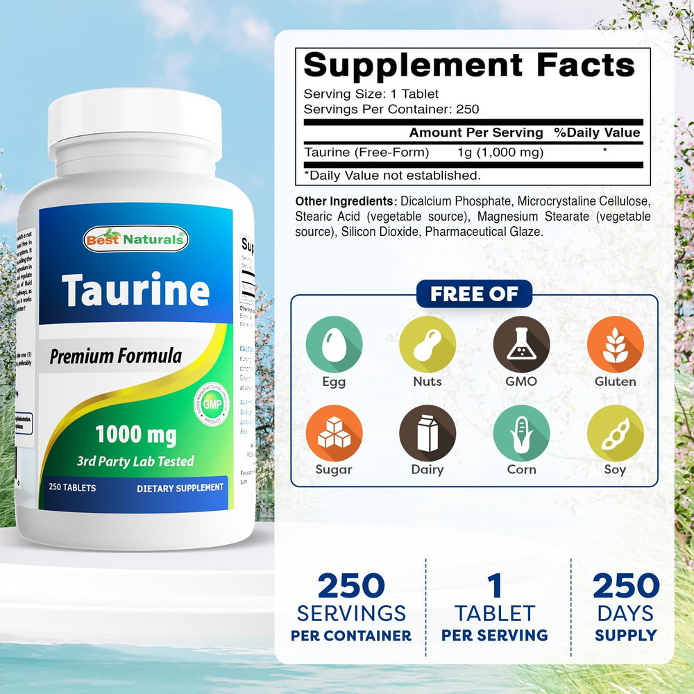 Best Naturals Taurine 1000 mg bottle back lists clear ingredient details.