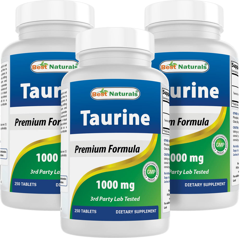 Best Naturals Taurine 1000 mg bottle close-up for daily supplementation and wellness.
