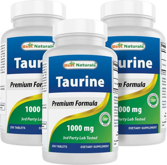Best Naturals Taurine 1000 mg bottle close-up for daily supplementation and wellness.