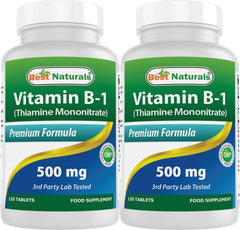 Best Naturals Vitamin B1 tablet front label shows 500 mg strength for daily energy support.