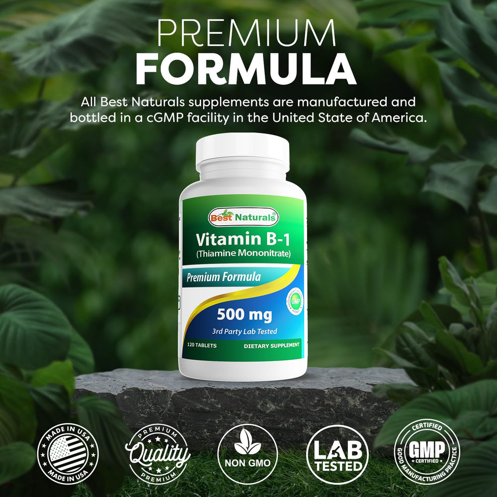 Best Naturals Vitamin B1 label close-up noting GMP and FDA-registered facility.