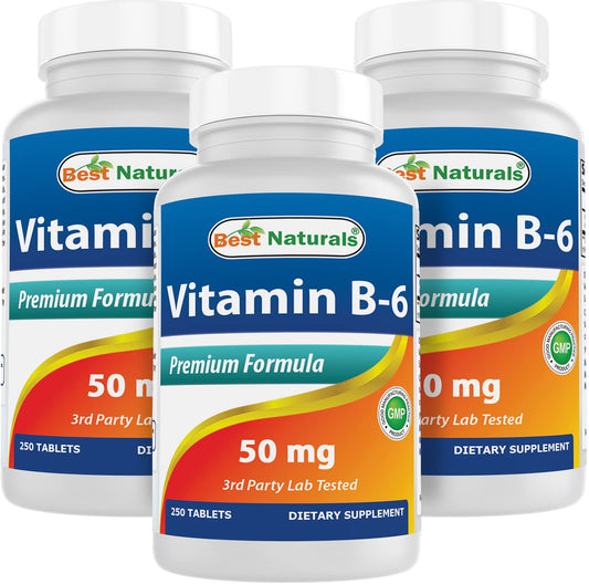 Best Naturals Vitamin B6 bottle front showing 50 mg per tablet and 250 tablets.