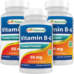 Best Naturals Vitamin B6 bottle front showing 50 mg per tablet and 250 tablets.