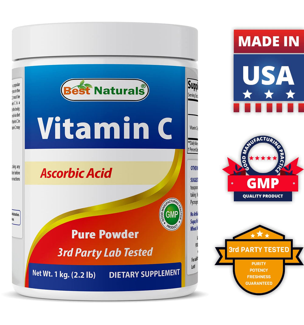 Best Naturals Vitamin C powder poured into water shows easy solubility.