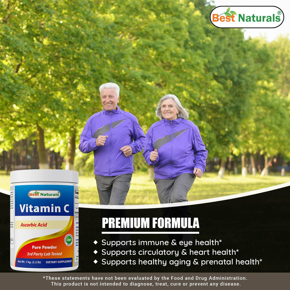 Best Naturals vitamin C powder being measured with a half-teaspoon.