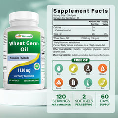 Best Naturals Wheat Germ Oil label close-up highlighting GMP certification and USA-made quality.