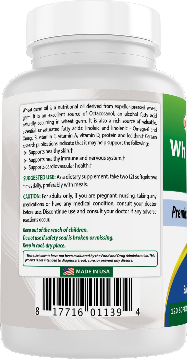 Best Naturals Wheat Germ Oil Made in USA badge with purity promise.