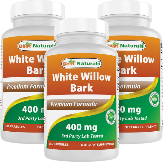 Best Naturals White Willow Bark 400 mg bottle with 180 capsules for potential joint support.