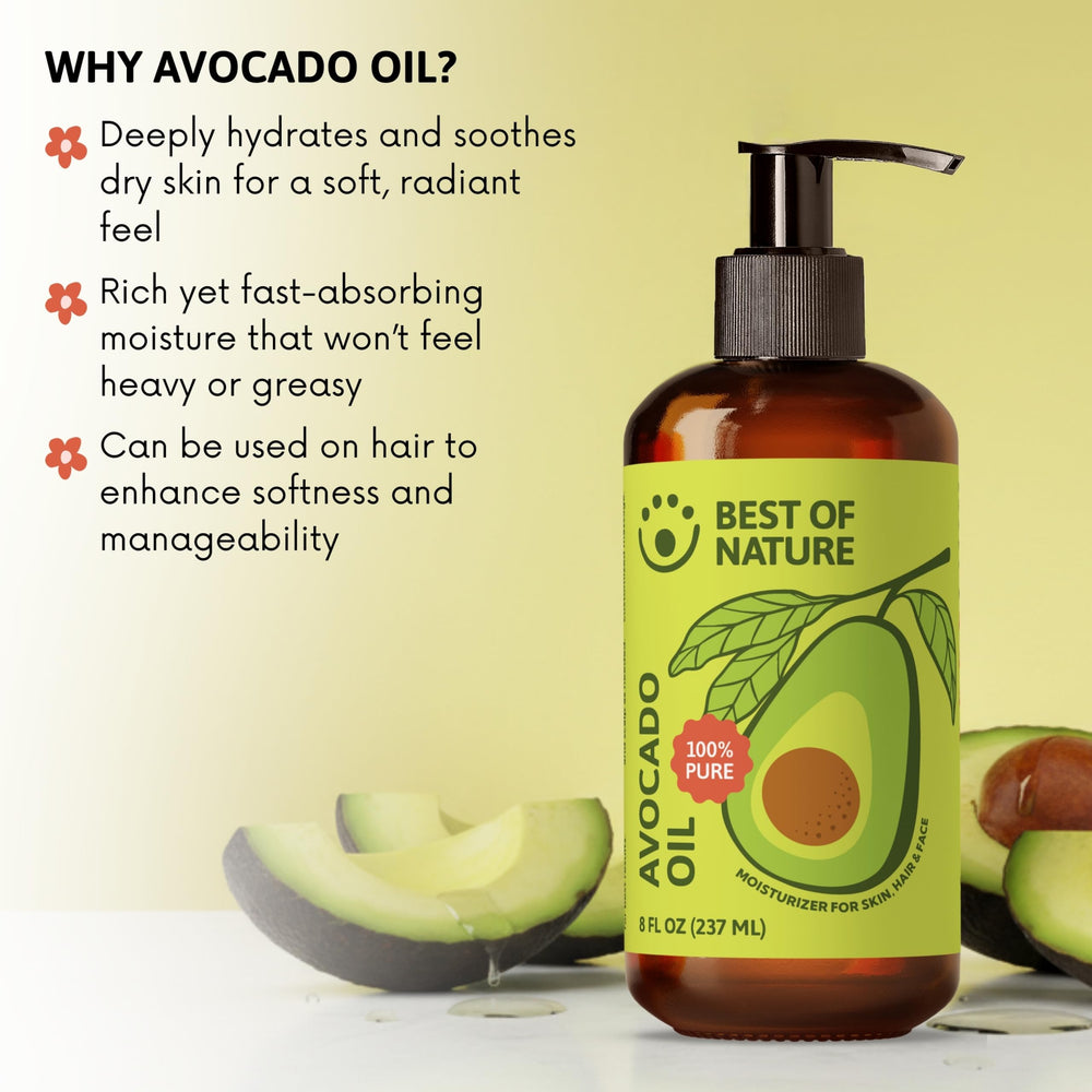 Best of Nature Avocado Oil label detail, natural ingredients highlighted.