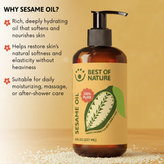 Skincare use of Best of Nature sesame oil leaves skin soft.
