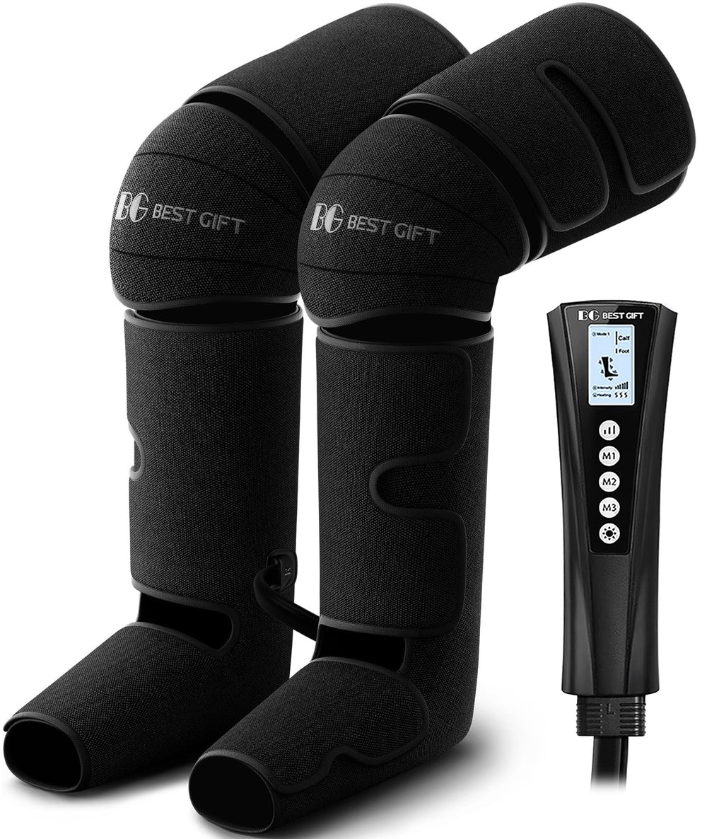 Bestgift air compression massager on legs and feet with soothing heat therapy.
