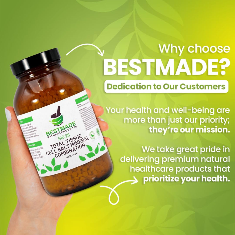 Front view of Bestmade Total Tissue Cell Salt packaging for easy storage.