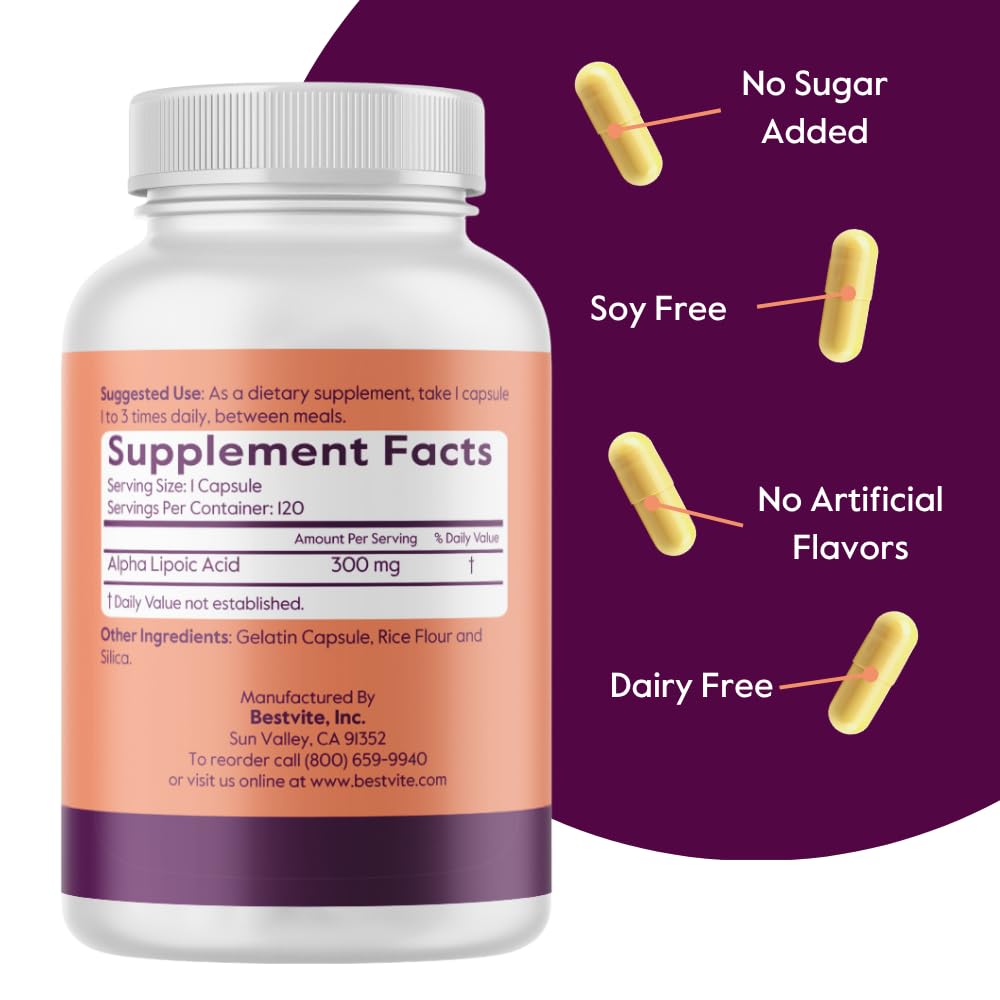 BESTVITE Alpha Lipoic Acid label front highlighting stearate-free gluten-free formula
