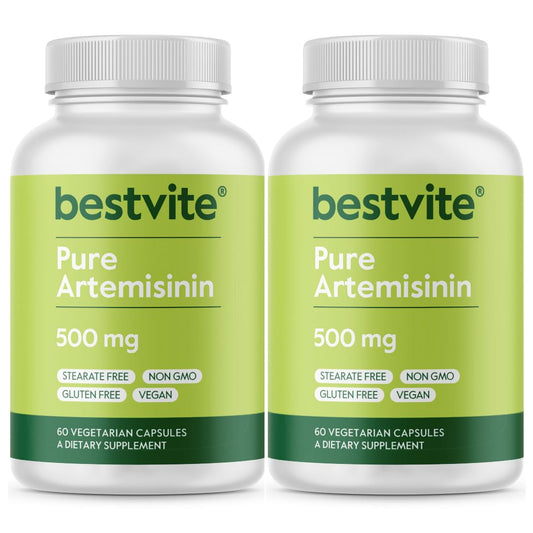 Bestvite Artemisinin 500mg capsules bottle front with vegan, gluten-free formula for potential immune support.