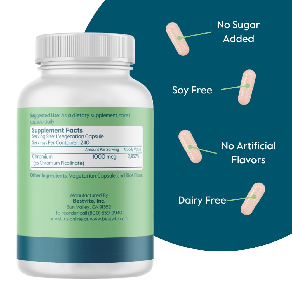 BESTVITE Chromium Picolinate label close-up with clear ingredient details and 1000 mcg per capsule.