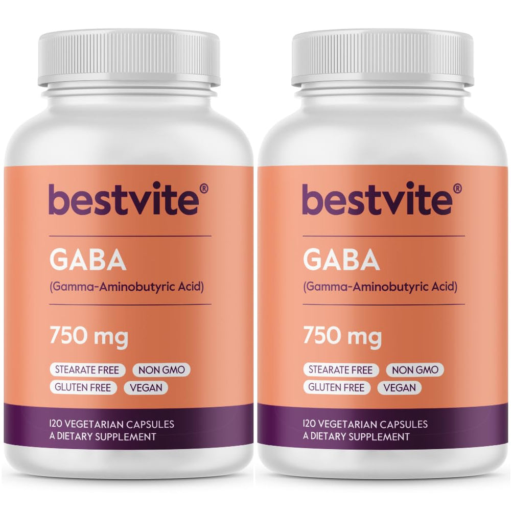 Bestvite GABA 750mg capsule bottle close-up highlighting relaxation support.