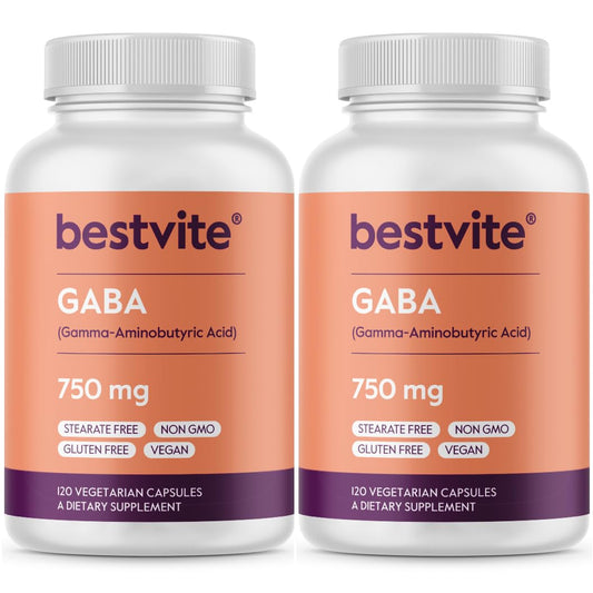 Bestvite GABA 750mg capsule bottle close-up highlighting relaxation support.