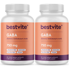 Bestvite GABA 750mg capsule bottle close-up highlighting relaxation support.