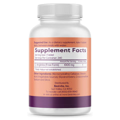 BESTVITE L-Arginine 1000mg bottle side view with label and dosage.