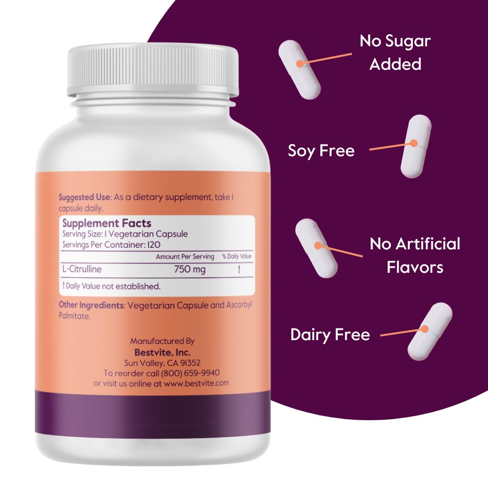 Bestvite L-Citrulline label detail showing no stearates and non-GMO ingredients.