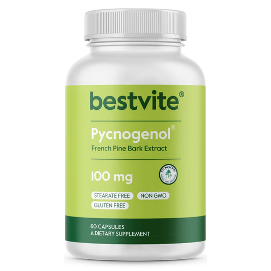Bestvite Pycnogenol 100mg bottle highlighting pine bark extract for antioxidant support.