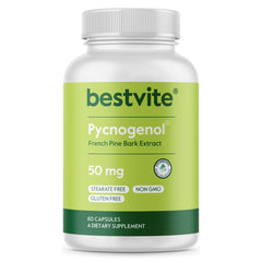 BESTVITE Pycnogenol 50mg capsules in a bottle highlight an antioxidant-rich formula.