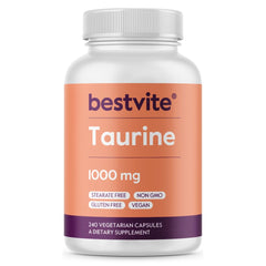 BestVITE Taurine 1000mg bottle front view highlights vegan gluten-free formula.
