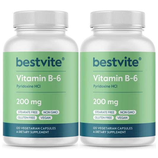 The BESTVITE Vitamin B-6 200mg bottle front highlights energy support and a clean label.