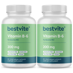 The BESTVITE Vitamin B-6 200mg bottle front highlights energy support and a clean label.
