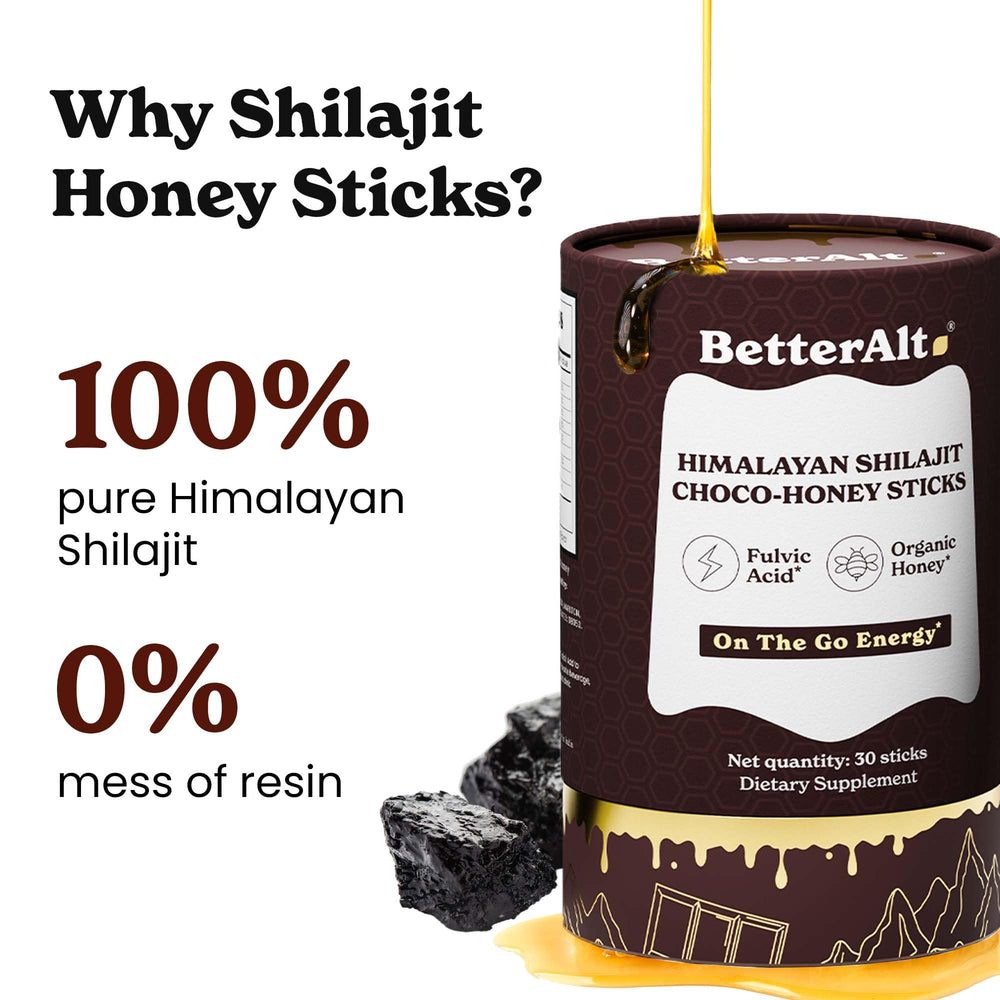 Better Alt chocolate shilajit honey stick reveals Himalayan minerals and pure ingredients.