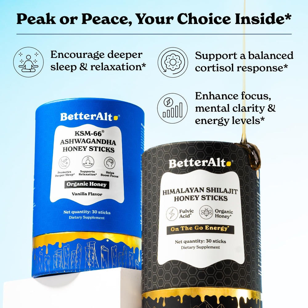 Better Alt Honey Sticks energy-boosting ingredients arranged for on-the-go use