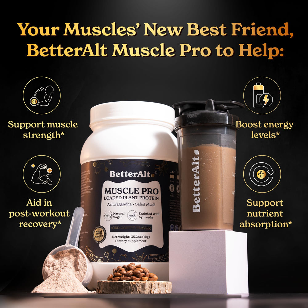 Better Alt Muscle Pro with Ashwagandha and Safed Musli herbs for recovery support.