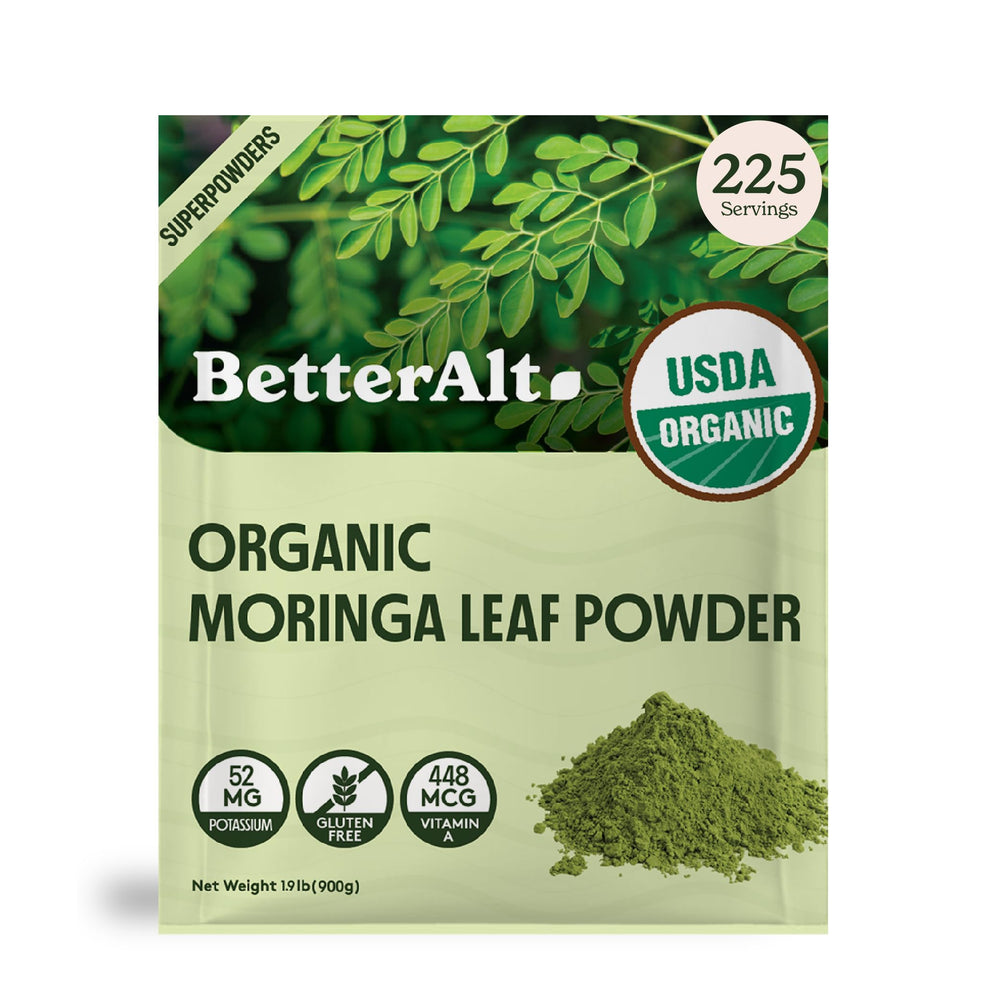 Better Alt Organic Moringa Powder front label with USDA Organic certification, indicating quality