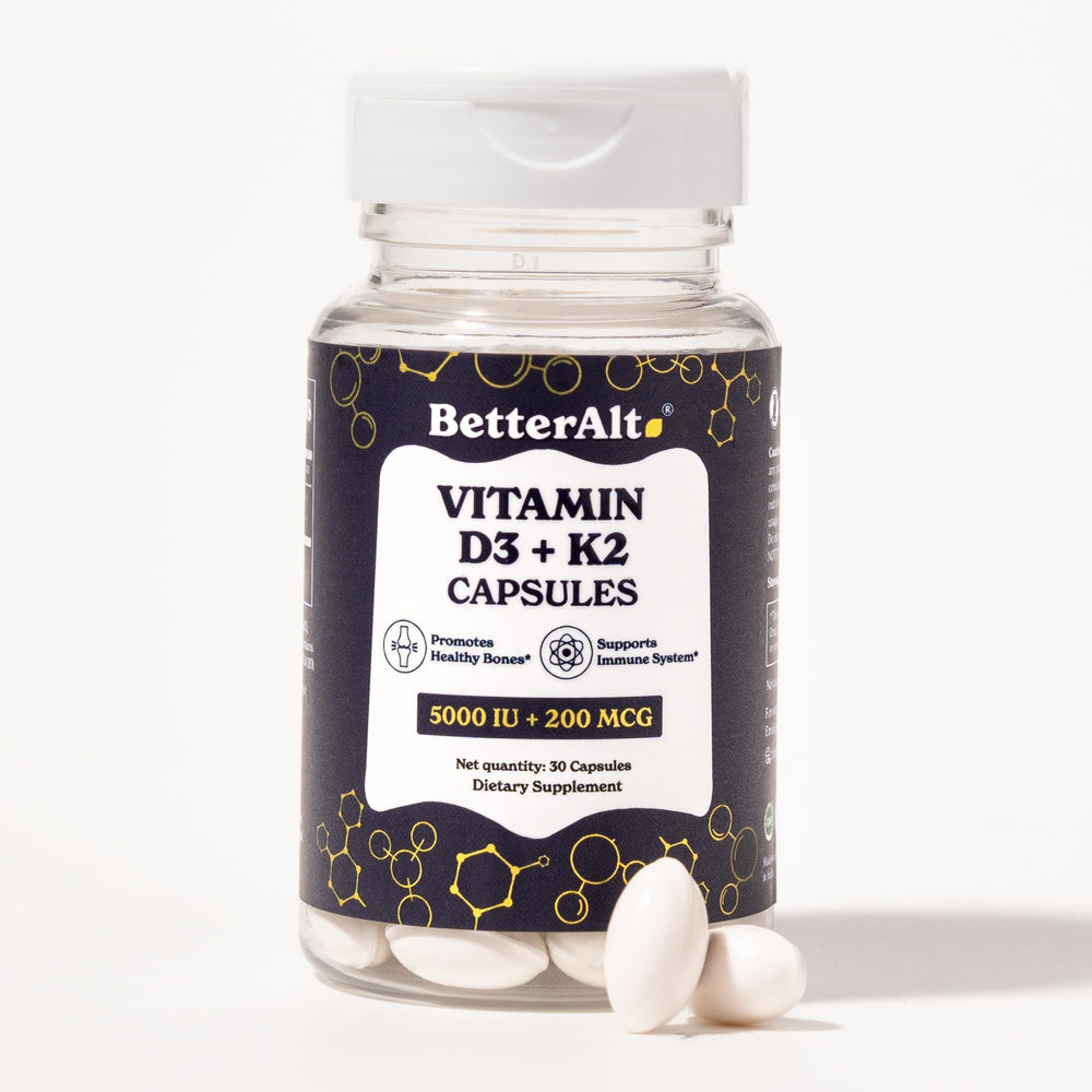 Better Alt Vitamin D3 + K2 bottle front view highlighting 5000 IU D3 per capsule