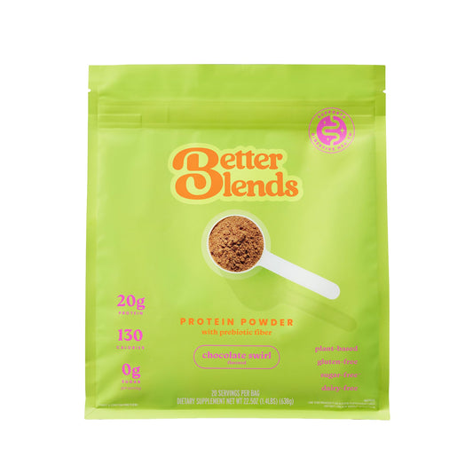 Better Blends chocolate swirl protein powder jar on countertop, low FODMAP formula for sensitive tummies.